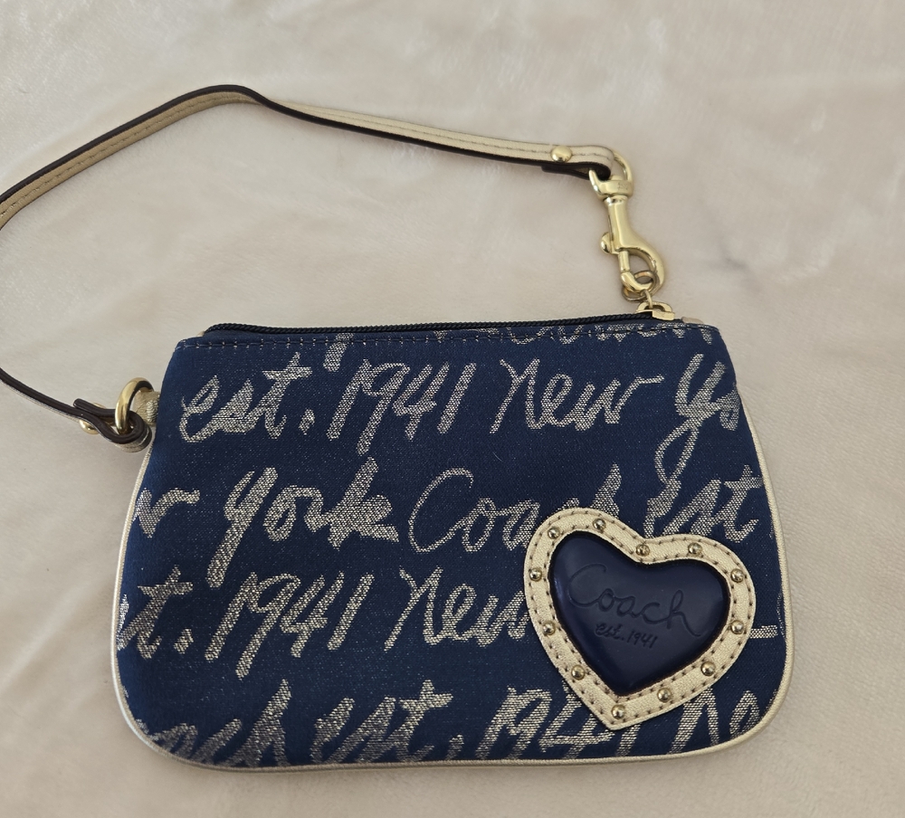 CoachDenim Navy and Gold Wristlet With LEATHER HEART.